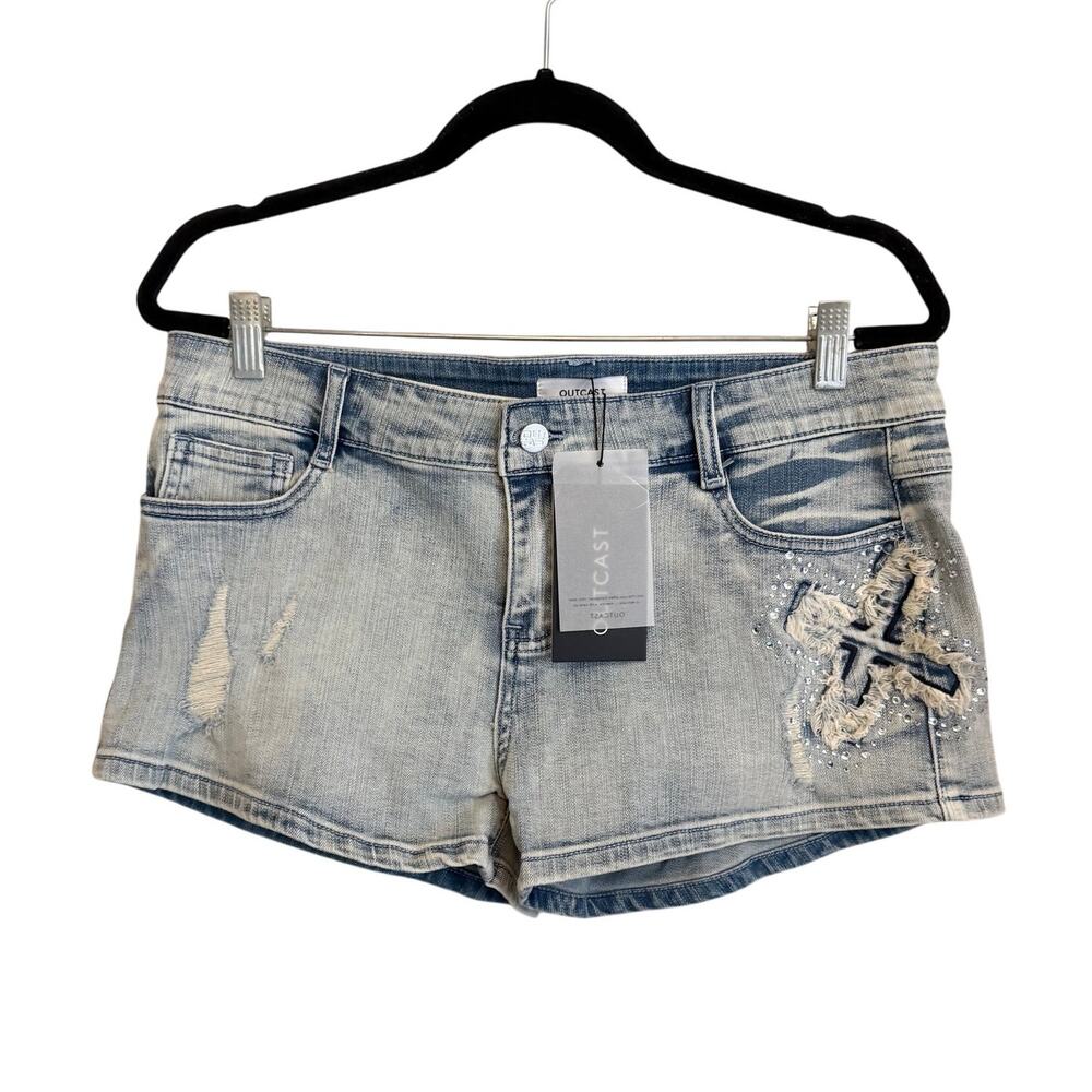 Outcast Mimmi Y2K Low Rise Shorts Large Blue Denim Vintage Star Rhinestone NWT